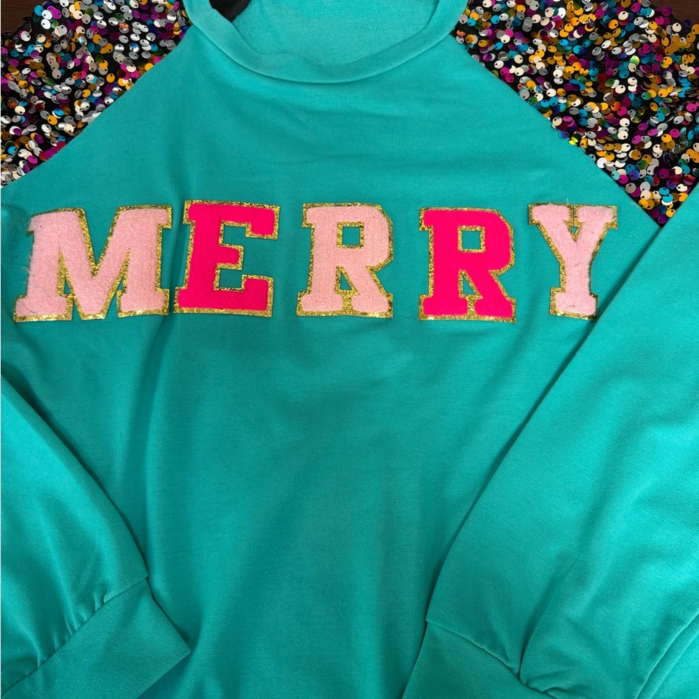 Teal and Sparkle 'Merry' Christmas Top